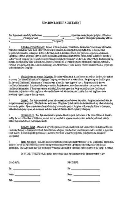 One Way Non Disclosure Agreement Template