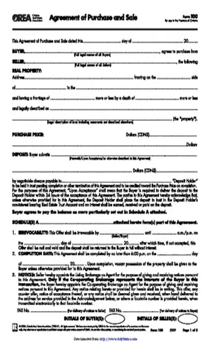 Ontario Agreement Of Purchase And Sale Form