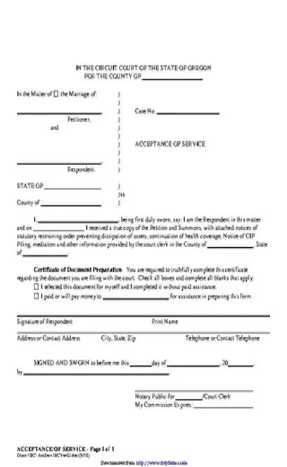 Oregon Acceptance Of Service Form