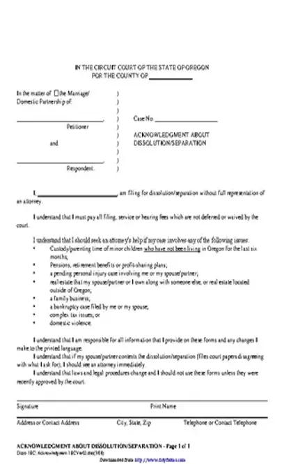 Oregon Acknowledgment About Dissolution Separation Form