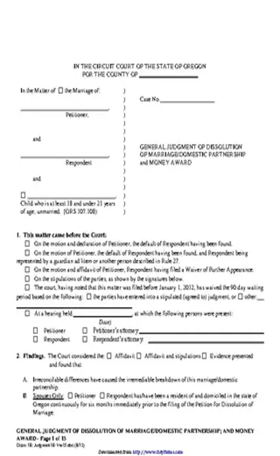 Oregon General Judgment Of Dissolution And Money Award With Children Form