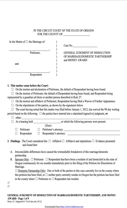 Oregon General Judgment Of Dissolution And Money Award Without Children Form