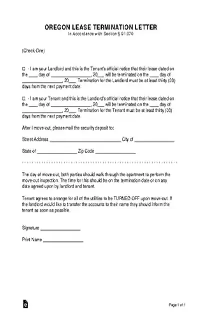 Oregon Lease Termination Letter Form