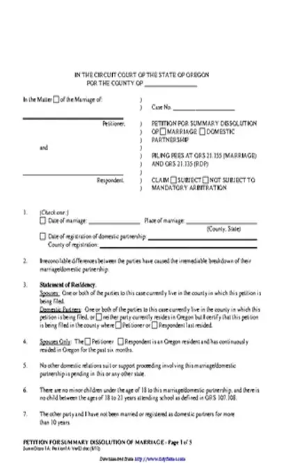 Oregon Petition For Summary Dissolution Form