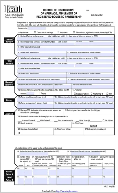 Oregon Record Of Dissolution Of Marriage Annulment Or Registered Domestic Partnership Required Form