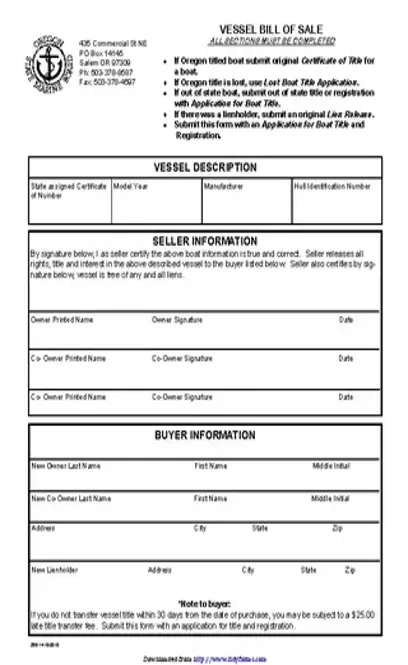 Oregon Vessel Bill Of Sale Form