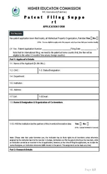 Patent Filling Support Application Form Word Document Download