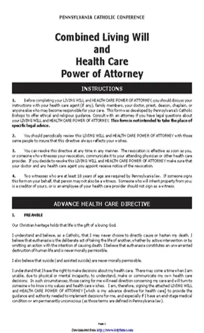 Pennsylvania Combined Living Will And Health Care Power Of Attorney Form