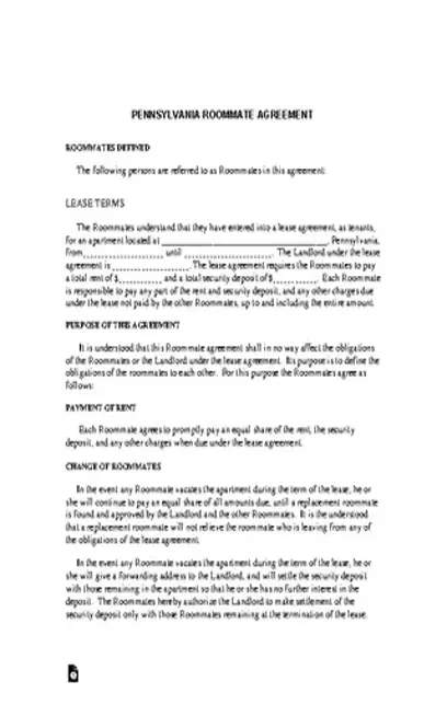 Pennsylvania Roommate Agreement Form