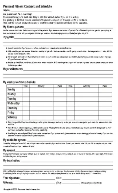 Personal Fitness Contract And Schedule Template