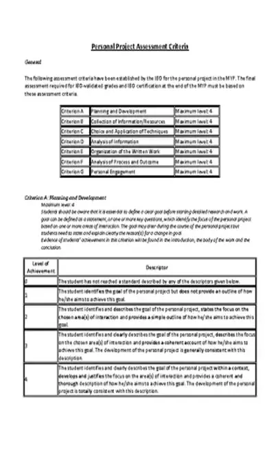 Personal Project Assessment Criteria