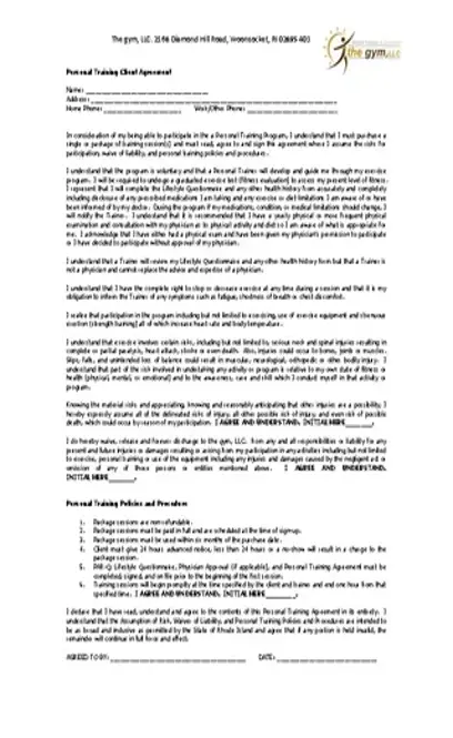 Personal Trainer Contract With Gym Template Form Download