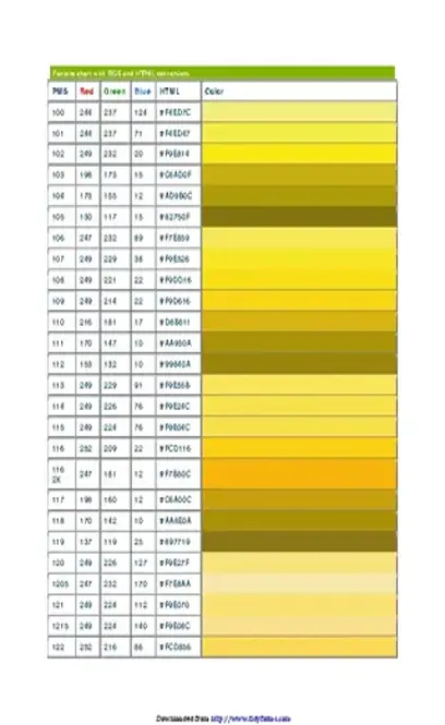 Pms Chart With Rgb Html Conversions