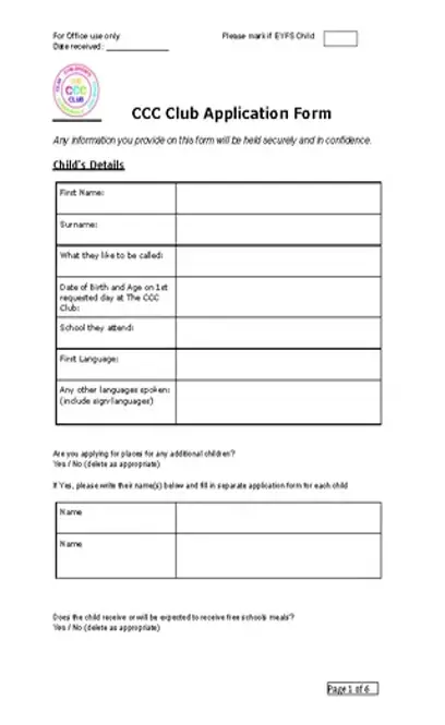 Printable Childrens Creative Club Membership Application Download