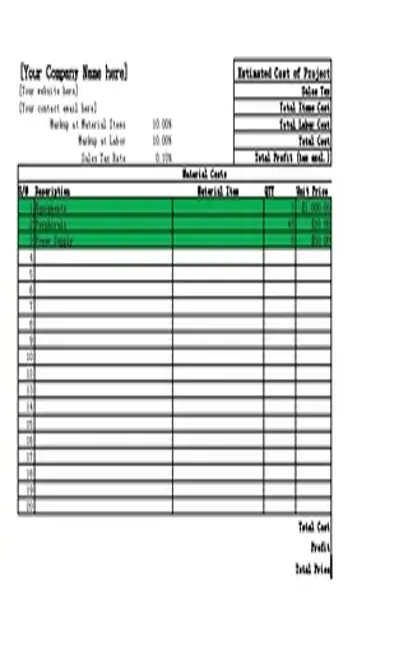 Project Cost And Profit Blank Estimate Template Download