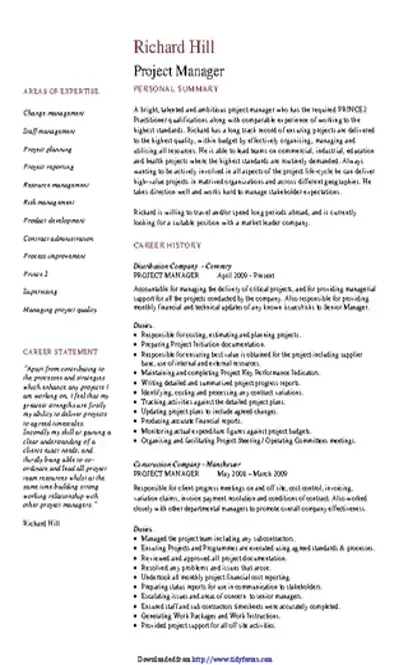 Project Manager Cv Example