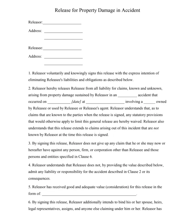 Property Damage Release of Liability