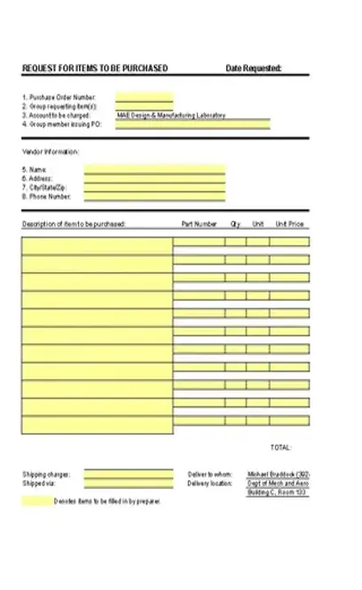 Purchase Order Form Template Excel