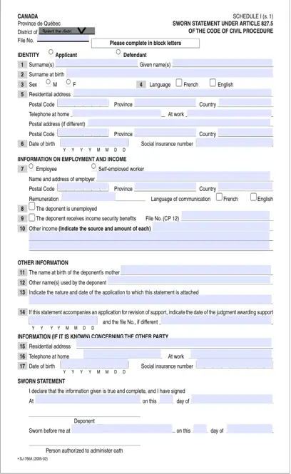 Quebec Sworn Statement Under Article 827 5 Of The Code Of Civil Procedure Sj 766A Form