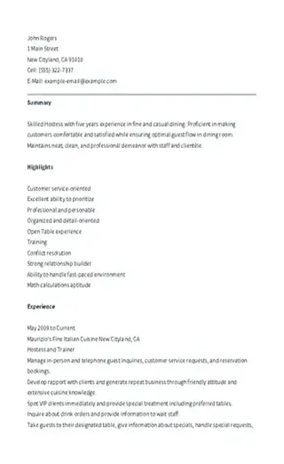 Recipe Hostess Resume Template