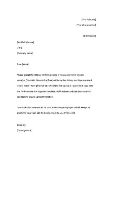 Resignation Letter With 4 Weeks Notice