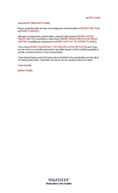 Resignation Shorten Notice Letter Sample Free Download