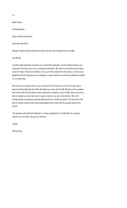 Restaurant And Hotel Complaint Letter Template