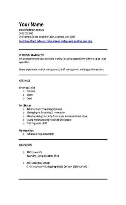 Retail Sales Assistant Cv Template