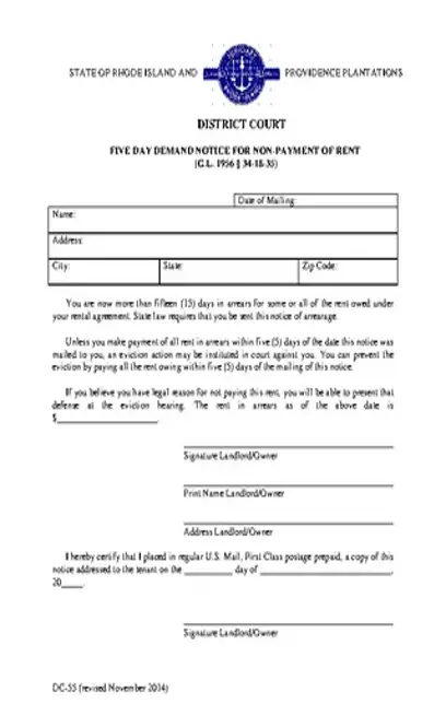 Rhode Island 5 Day Notice To Quit Nonpayment Form Dc 55