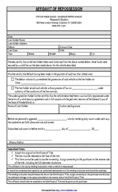 Rhode Island Affidavit Of Repossession Form