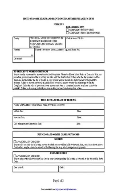 Rhode Island Divorce Summons Form