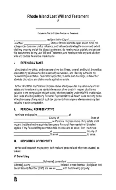 Rhode Island Last Will And Testament Template