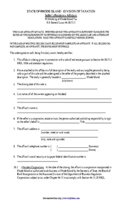 Rhode Island Sellers Residency Affidavit Form