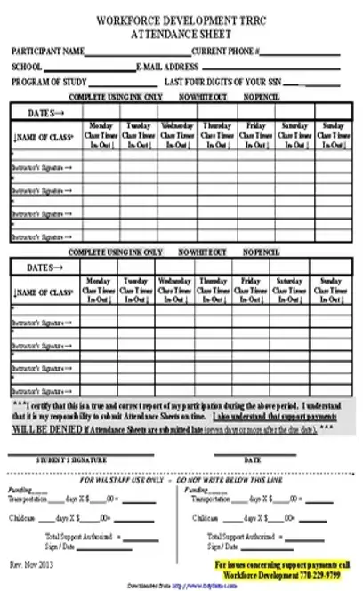 Sample Attendance Sheet