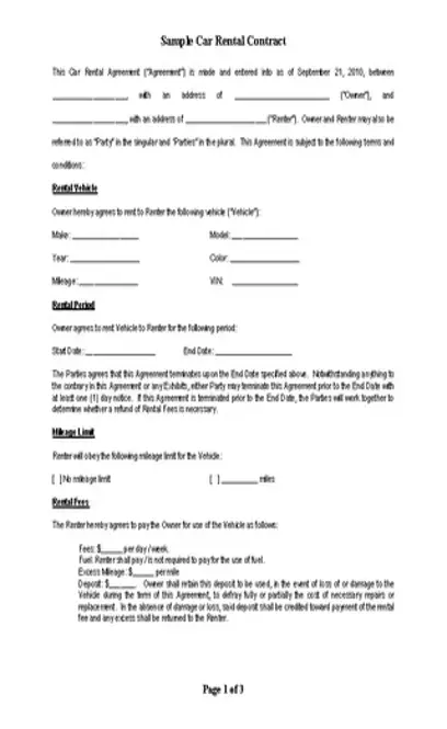 Sample Car Rental Agreement Template