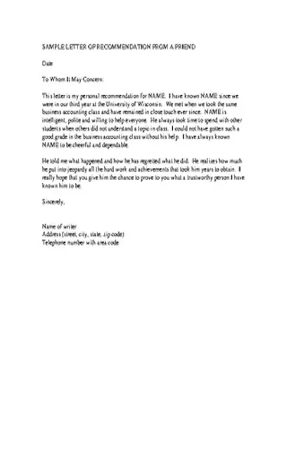 Sample Recommendation Letter From A Friend Pdf Download