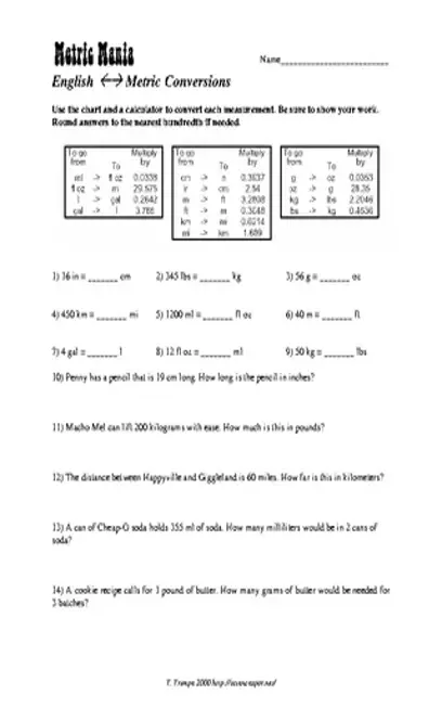 Sample Simple Metric Conversion Chart