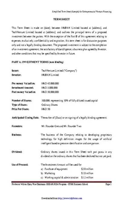 Sample Term Sheet For Entrepreneurial Venture Financing