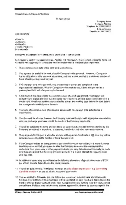 Sample Zero Hours Employment Contract Template