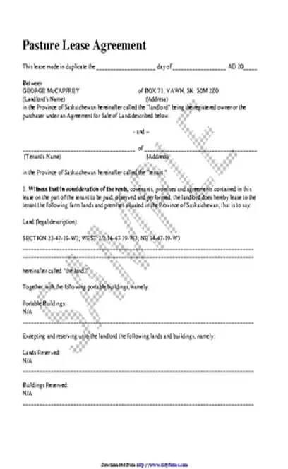 Saskatchewan Pasture Lease Agreement Sample