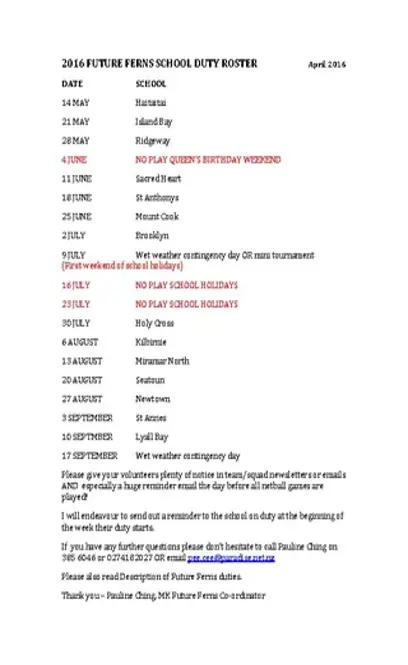 School Duty Roster Template