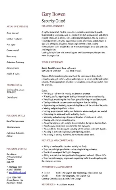 Security Guard Cv Template