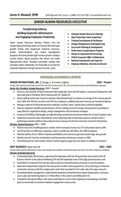 Senior Human Resources Executive Resume Sample