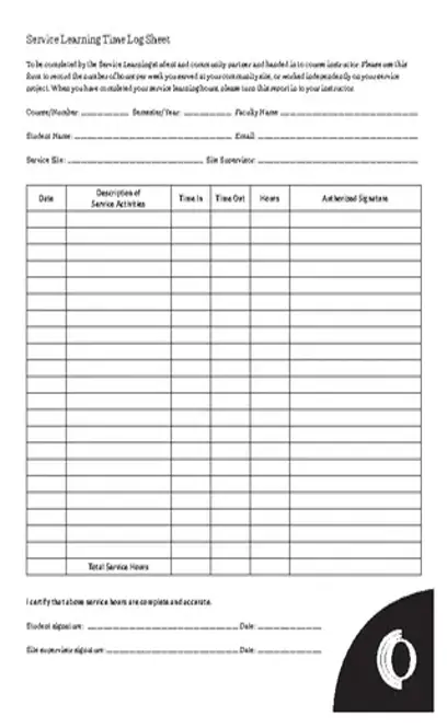 Service Learning Time Log Sheet