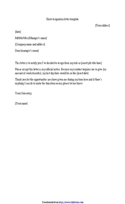 Short Resignation Letter Template