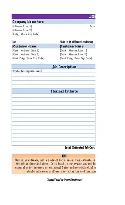 Simple Job Estimate Template Excel Editable Download