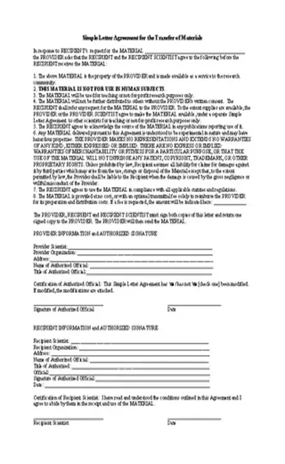 Simple Letter Agreement For The Transfer Of Materials Printable