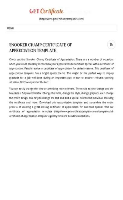 Snooker Champ Certificate Of Appreciation Template