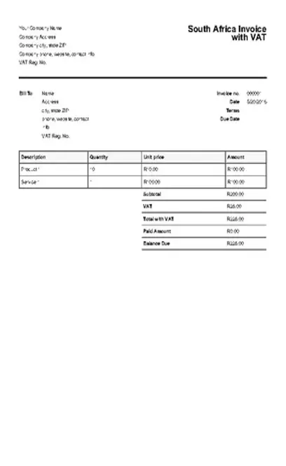 South Africa Invoice Template With Vat