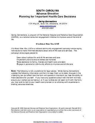 South Carolina Advance Health Care Directive Form